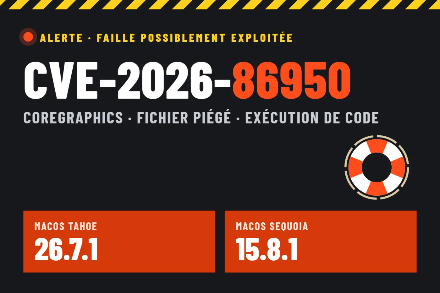 Illustration : alerte CVE-2026-86950, versions corrigées macOS Tahoe 26.7.1 et macOS Sequoia 15.8.1